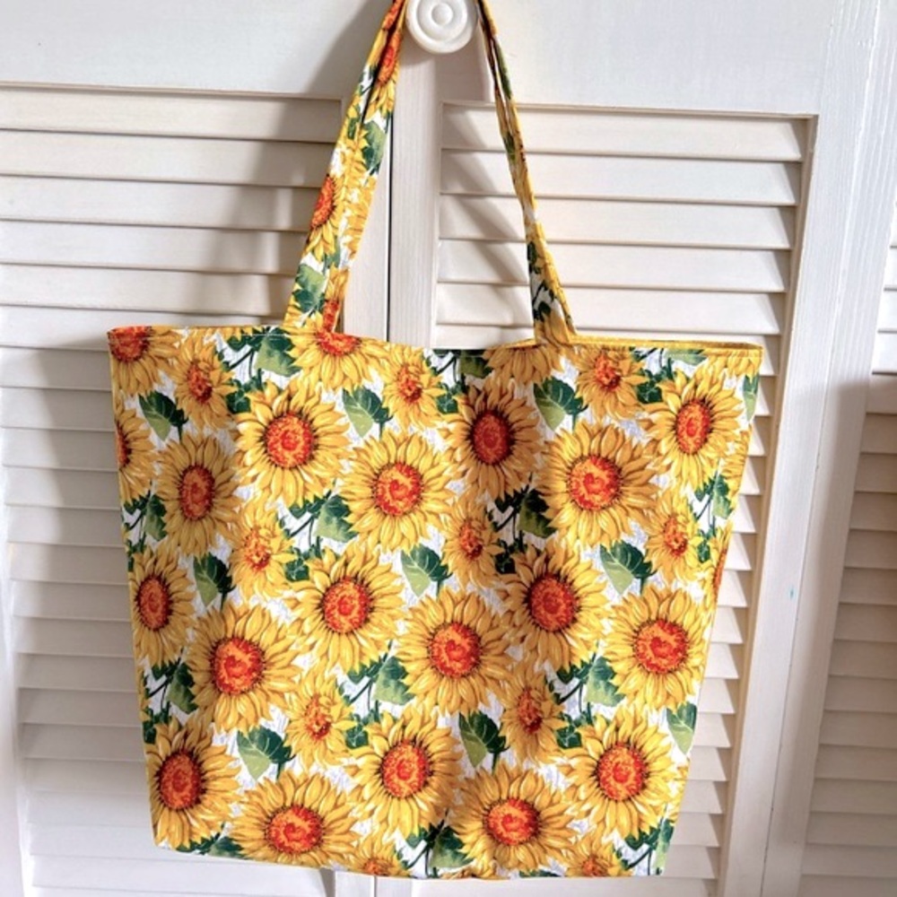 Handmade Tote Bag Colorful Sunflowers Cotton Fabric Carry All Shoulder Purse - Picture 7 of 11